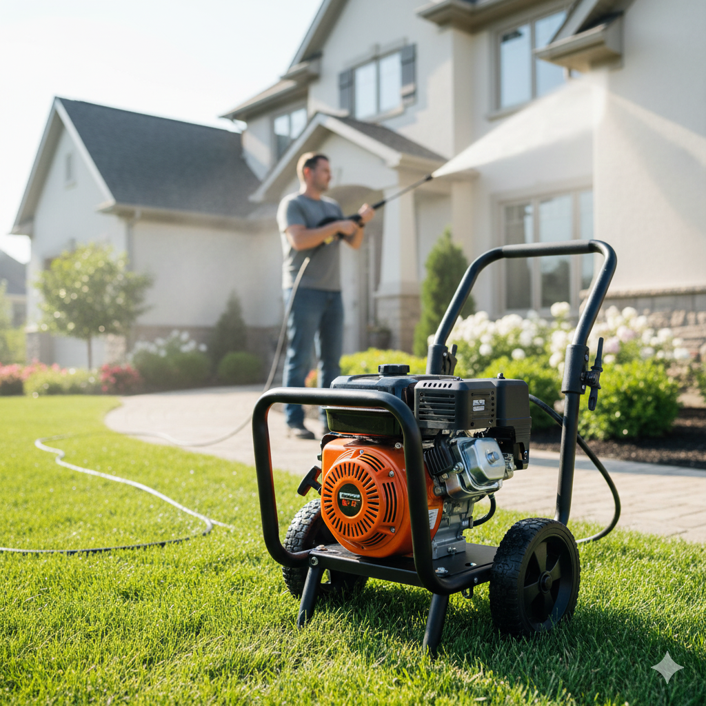 Person using pressure washer to clean driveway